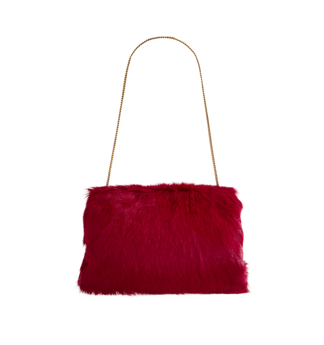Image 2 of 3 - RED - SAINT LAURENT Large Clutch featuring pony hair exterior, grosgrain lining, kiss lock closure, one main compartment and interior slip pocket. 10.6" W x 8.1" H x 3.5" D. Made in Italy. 