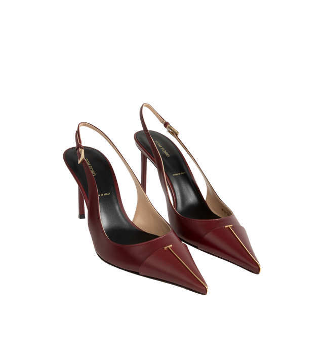 Image 2 of 4 - RED - Tom Ford Womens Thea Slingback Pumps are crafted from shiny goatskin leather. Feature an elongated pointed toe with signature pale gold-tone T metal detail, adjustable slingback strap, stiletto heel, and leather sole. Heel Height: 10.5 cm. Main Material: 100% Goatskin Leather; Sole: Leather. Made in Italy. 