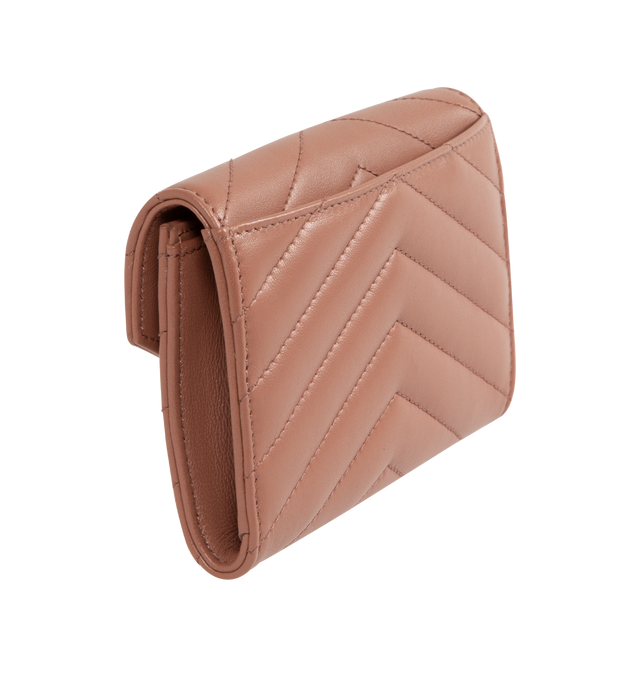 Image 2 of 3 - BROWN - SAINT LAURENT Small Envelope Wallet featuring quilted overstitching, leather lining, snap button closure, one flat pocket at back, four card slots and one open compartment. 5.3" X 3.7" X 1.2". 100% lambskin.  