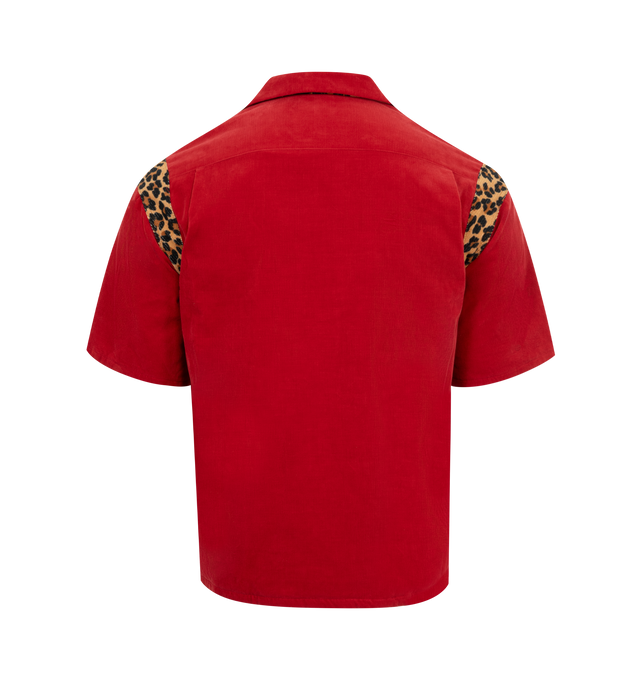 Image 2 of 2 - RED - VISVIM Wallis Down Shirt featuring spread collar, four button front closure, patch pocket on chest, short sleeves and leopard detailing.  