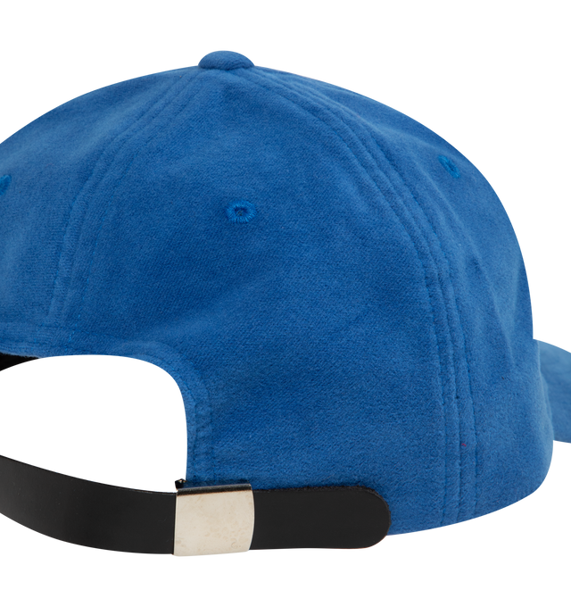 Image 3 of 3 - BLUE - Noah Moleskin 5-Panel Hat has embroidered eyelets, an embroidered graphic at the front, and an adjustable leather strap with a metal clasp closure. 100% wool. Made in USA.  