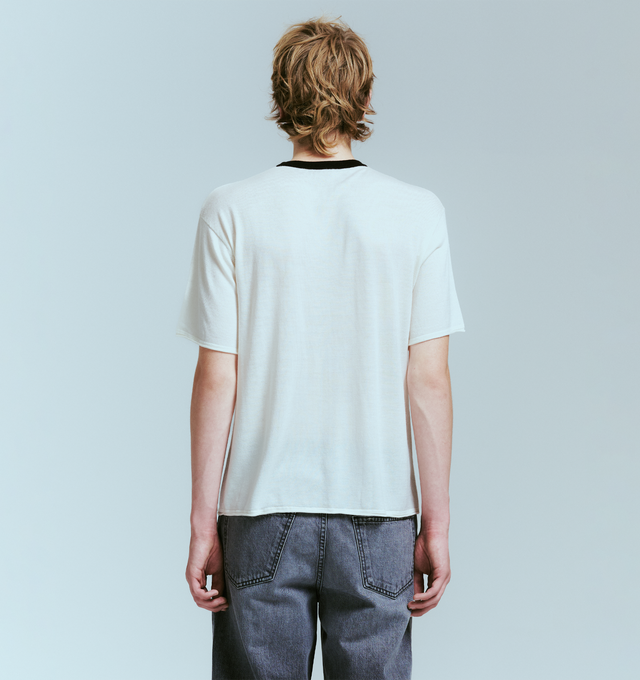 Image 4 of 4 - WHITE - NAHMIAS Knit Flower Boxy Tee featuring crew neck, short sleeves, contrast collar and front embroidered graphic. 100% cotton. Made in the USA. 