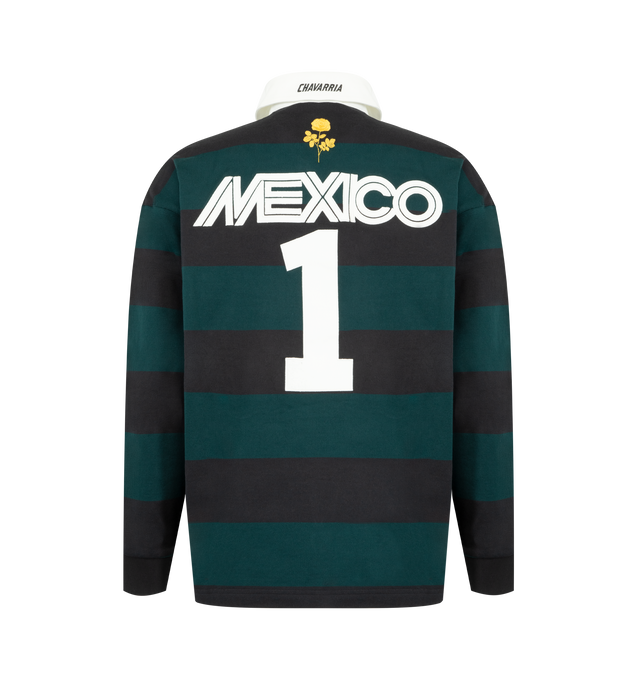 Image 2 of 3 - GREEN - The newest release from adidas Originals by Willy Chavarria. Adidas Mens Knit Rugby Shirt features a knit construction. Designed with applied 3-Stripes along the shoulders and sleeves, ribbed sleeve cuffs, twill stand collar with button closure, applique and embroidered graphics on the front and back, chest and sleeve patches, and official Mexican Football Federation detailing. Material: Cotton Blend. Made in Indonesia. 