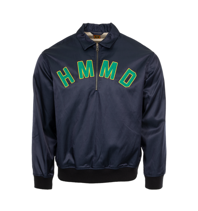 Image 1 of 4 - NAVY - HUMAN MADE Half Zip Pullover featuring long sleeves, logo on front, collar and half zip. 58% cotton, 42% rayon. Lining: 100% cotton. 