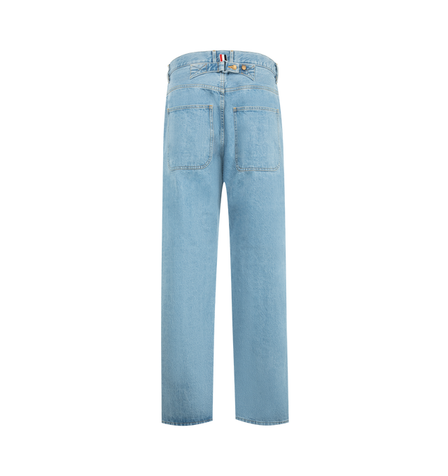 Image 2 of 3 - BLUE - Thom Browne Mens Five-Pocket Jeans are crafted from a washed denim. Feature a relaxed fit, button fly closure, five-pocket construction, reinforced back yoke with adjustable button-fastening backstrap, selvedge detail at the inner cuffs, and signature striped grosgrain loop tab. Main Material: 100% Cotton. Made in Japan. 