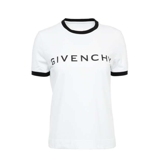 WHITE - GIVENCHY RINGER T SHIRT features a contrasting Givenchy signature print on the front and has a crewneck. 100% cotton. 