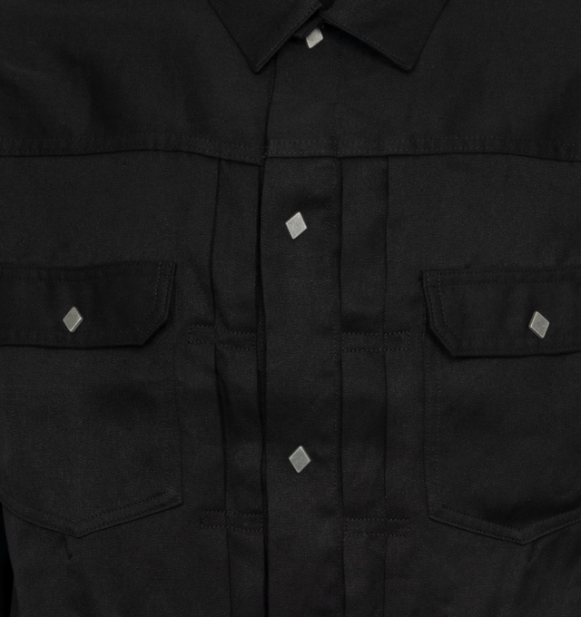 Image 3 of 3 - BLACK - VISVIM Trucket Jacket featuring snap flap chest pockets, snap closure, diamond shaped snaps, pleated front, button cuffs and zippered side seam pockets. 64% linen, 36% wool. Made in Japan. 