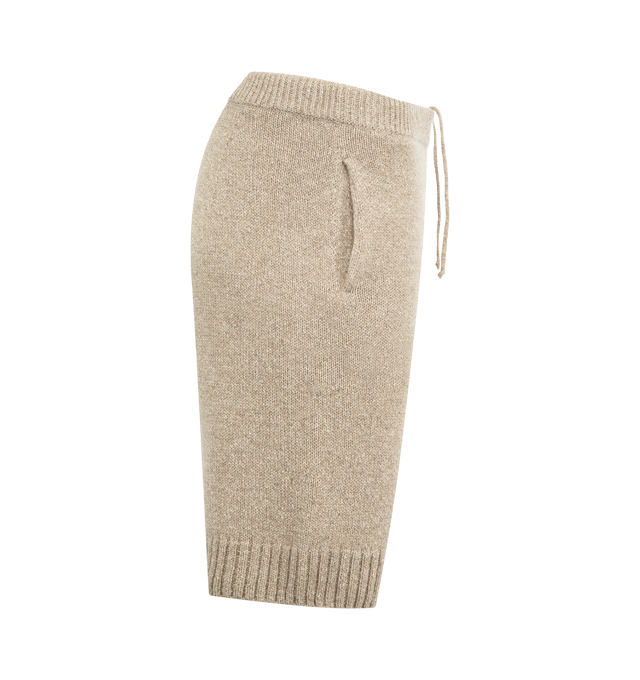Image 3 of 3 - BROWN - AURALEE Cashmere Silk Melange Knit Shorts featuring elastic waist with concealed drawstring, ribbed waist and hem, side pockets, relaxed fit and knee length. 52% cashmere, 48% silk. 