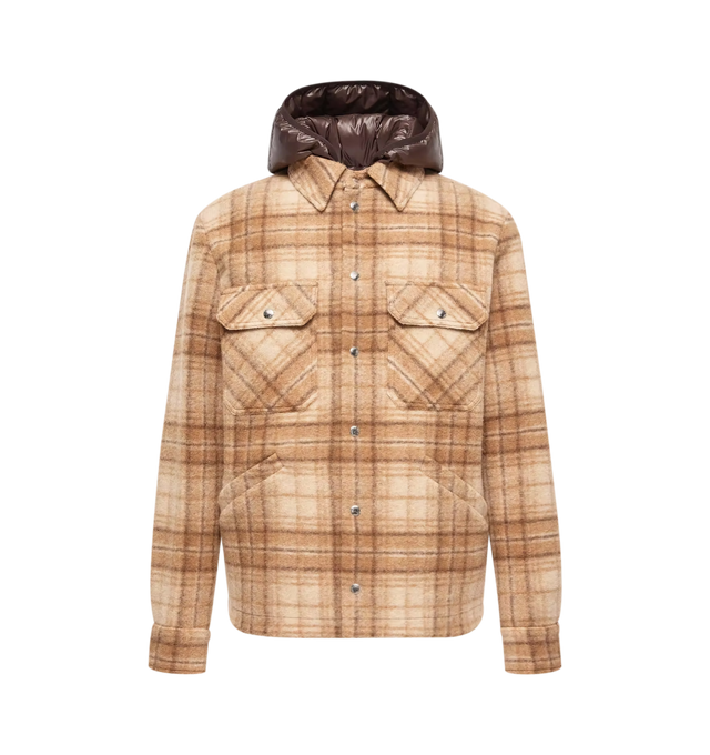 Image 1 of 1 - MULTI - Moncler Men's Nyvalin Jacket is crafted from checked flannel and features a 3-in-1 construction with a detachable hooded down vest for versatile layering. Designed with a point collar, front zip and snap-button closure, chest pockets with snap-button closures, internal pockets, adjustable cuffs, and a logo patch, this regular-fit style combines workwear-inspired details with functional outerwear design. Main Material: 48% Polyester, 34% Wool, 18% Acrylic. Lining: 100% Polyester. Trim: 