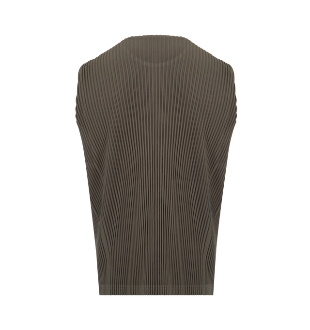 Image 2 of 3 - GREEN - ISSEY MIYAKE Tailored Pleats 2 Top featuring round-neck vest, quick-drying property, pleats throughout and sleeveless. 100% polyester. Made in the Philippines. 
