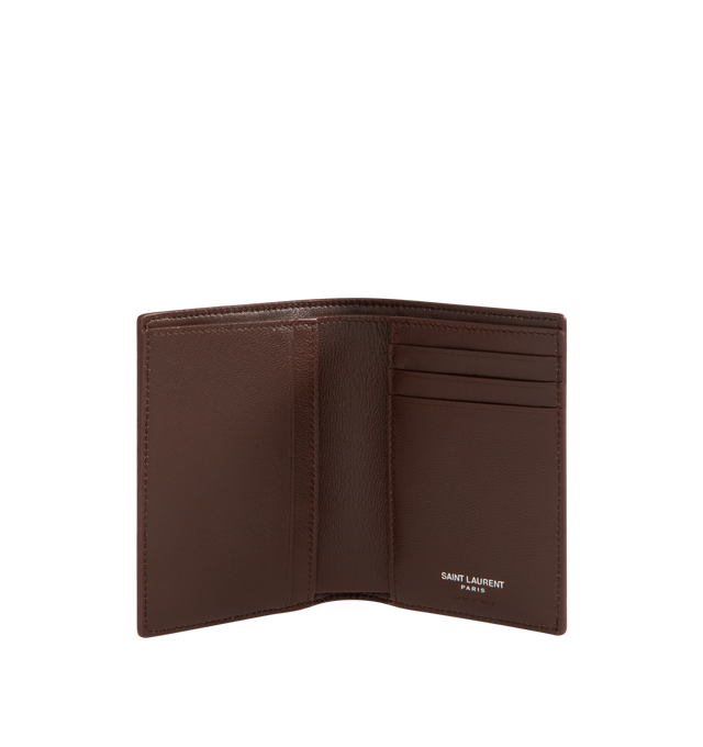 Image 3 of 3 - BROWN - SAINT LAURENT Credit Card Wallet featuring single-fold wallet decorated with logo, silver-tone hardware, five card slots and one bill compartment. 3.5" x 4.5" x 0.8". Calfskin. Made in Italy. 
