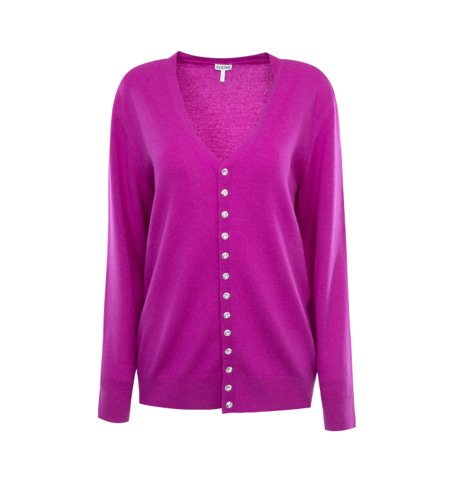 Image 1 of 2 - PURPLE - Loewe Cardigan in violet-colored lightweight cashmere. Features a relaxed fit, regular length, V-neck with jewelled button-front fastening. Made in Italy.