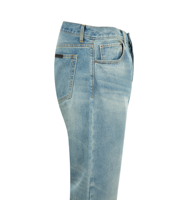 Image 3 of 3 - BLUE - Fear of God Denim Jeans (Mens) are a 5-pocket style with antique brass hardware, a leather brand label, and a raw ankle hem. 100% cotton. Made in Japan.  