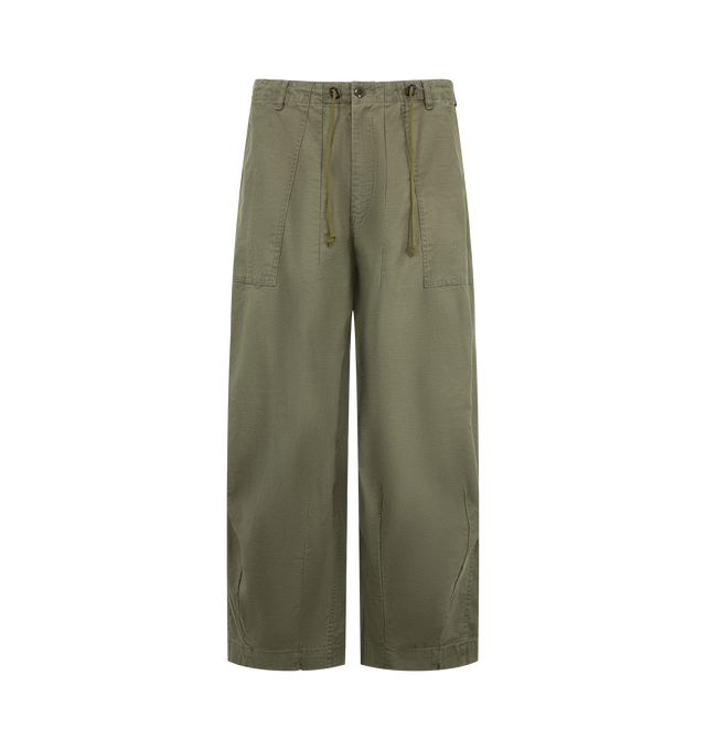 Image 1 of 3 - GREEN - Needles Men's H.D. Pant - Fatigue is crafted from cotton and features the brands signature H.D. silhouette with a voluminous, curved leg shape inspired by classic fatigue pants. Designed with a relaxed fit, the style is finished with utility pockets and a distinctive wide-leg profile that tapers through its sculpted construction. Main Material: Cotton. Fit: Relaxed. Silhouette: H.D. Wide Leg. Details: Fatigue Pocket Construction. Made in Japan. 
