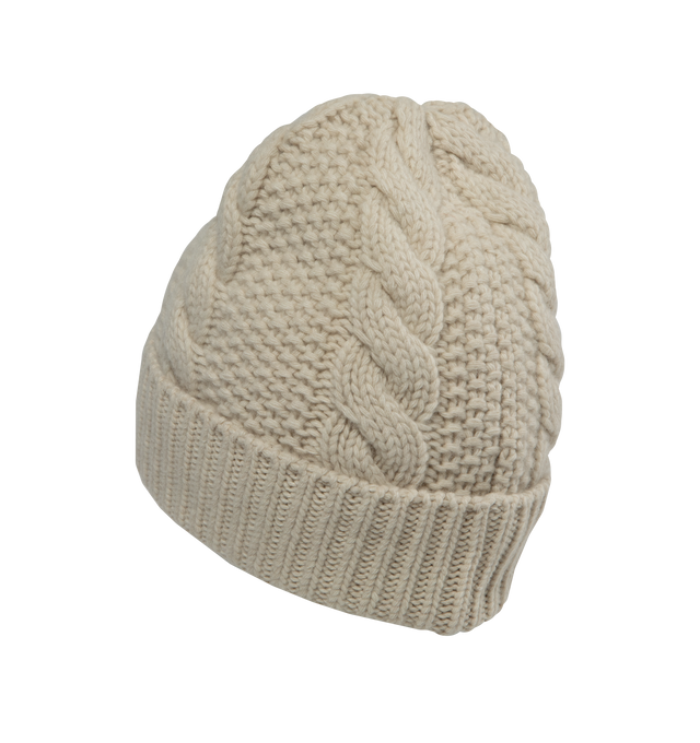 Image 2 of 2 - WHITE - MONCLER Wool & Cashmere Beanie featuring a wool and cashmere blend, moss stitch and cable knit, Gauge 3 and leather logo. 90% virgin wool, 10% cashmere. 