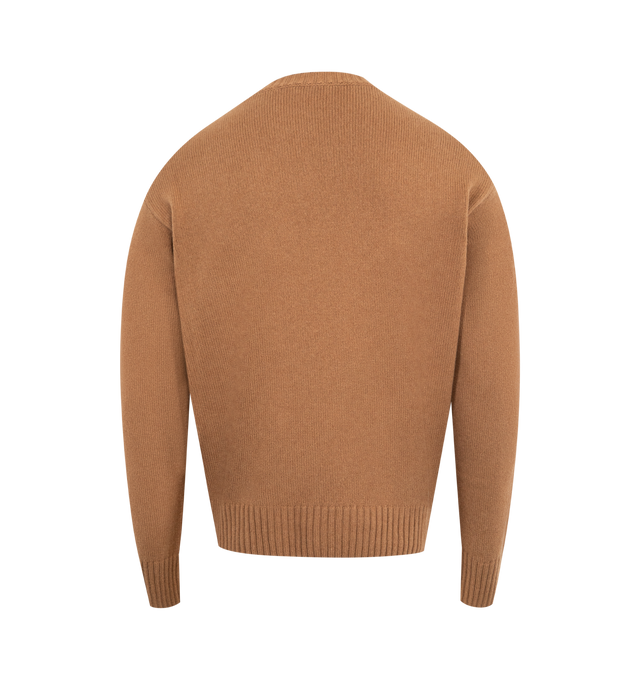 Image 2 of 3 - BROWN - MONCLER Wool & Cashmere Sweater featuring a wool and cashmere blend, crew neck, stockinette stitch, gauge 5 and leather logo patch. 90% virgin wool, 10% cashmere. 