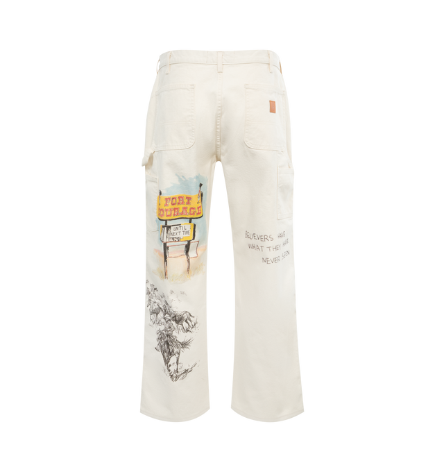Image 2 of 3 - WHITE - ONE OF THESE DAYS Fort Courage Painter Pants featuring garment wash for vintage finish, printed artwork, straight leg fit and zip fly. 100% cotton. Made in USA. 