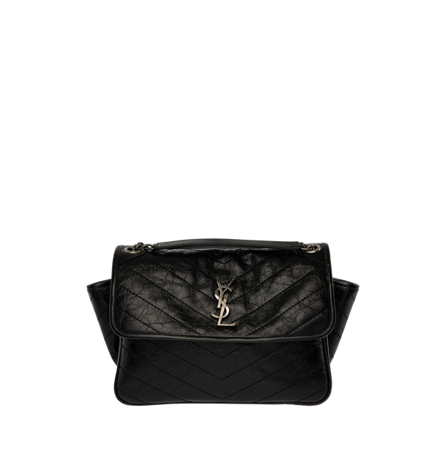 Image 1 of 4 - BLACK - Saint Laurent Womens Shoulder Bag is crafted from vintage calfskin leather. Features signature Cassandre logo, chevron-quilted topstitching, sliding chain strap for shoulder or crossbody wear, magnetic flap closure, three main compartments, one flat pocket, one zip pocket, cotton lining, and silver-tone hardware. Main Material: Calfskin Leather; Lining: Cotton; Hardware: Silver. Made in Italy. 