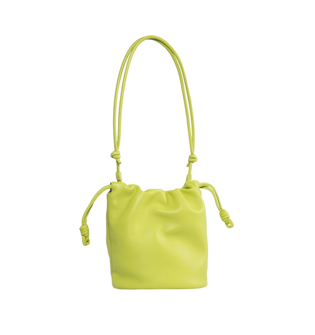 Image 2 of 3 - GREEN - Loewe Paula's Ibiza Flamenco Purse crafted in mellow nappa lambskin in a ruched design with signature knots at the sides in a new everyday size that can be worn over the shoulder using the donut chain or crossbody with the accompanying leather strap. Featuring detachable and adjustable leather strap for shoulder, crossbody or hand carry and detachable donut chain adorned with Anagram engraved Pebble. Discreet magnetic closure, suede lining and embossed LOEWE. Height (inch): 9.4 X Widt 