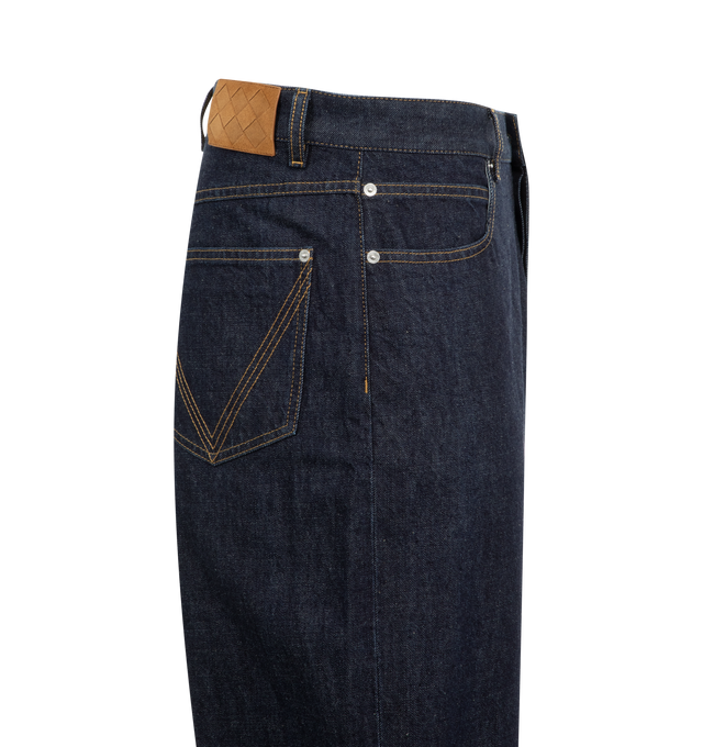 Image 3 of 3 - BLUE - Bottega Veneta Denim Trousers (Mens) are a 5-pocket style with a button closure and contrast stitching. 100% cotton. Made in Italy.  