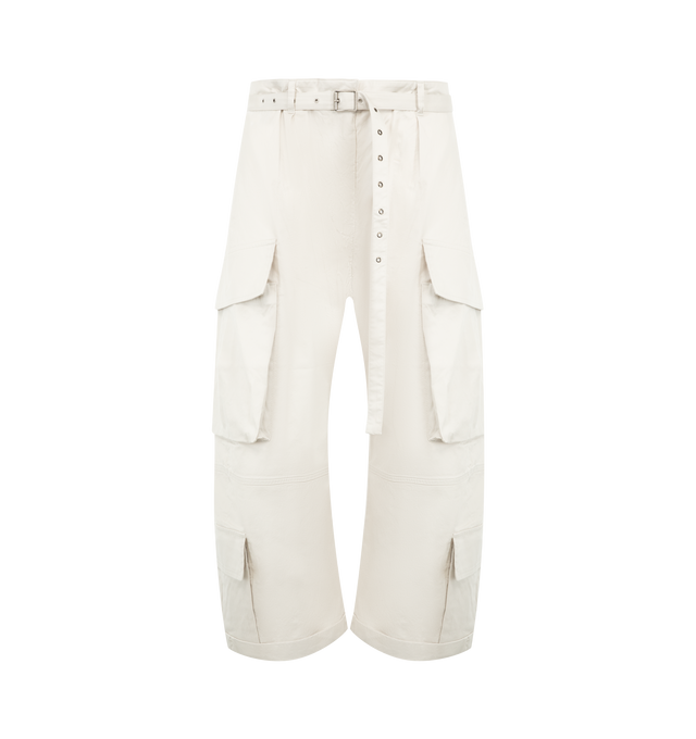 Image 1 of 3 - NEUTRAL - Acne Studios Womens Cargo Trousers are crafted from lightweight cotton twill. Feature a regular fit, mid-rise waist, barrel leg, mid-calf length, matching adjustable belt, side seam pockets, patch pockets with concealed snap closures, folded hems, and embroidered logo. Main Material: 97% Cotton, 3% Elastane. Made with organically grown cotton. Made in Portugal. 