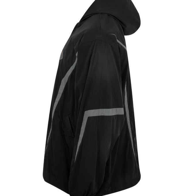 Image 3 of 3 - BLACK - Balenciaga Loop Sports Icon Large Tracksuit Jacket crafted from stretch polyesterfeaturing attached hood with drawstring, double-ended zip fastening, long sleeves, contrasting yokes, 2 slash pockets, gathered at cuffs and waistline, Loop sports icon artwork embroidered at front and back. Made in Italy. 