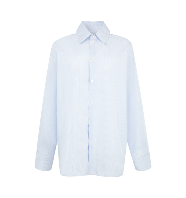 Image 1 of 2 - BLUE - Saint Laurent Womens Oversized Shirt is crafted from cotton poplin. Features an oversized fit, button-front closure, pointed collar, exaggerated shoulders with shoulder boning, French cuffs with one-button placket, and a curved hem. Main Material: 100% Cotton. Made in Italy. 