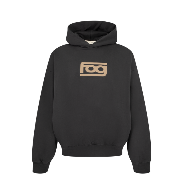 Image 1 of 2 - BLACK - Fear of God ESSENTIALS Men's Classic Half Raglan Hoodie is crafted from pigment-dyed heavyweight cotton fleece and features a classic relaxed-fit silhouette with half raglan sleeves for a vintage-inspired athletic look. Designed with a FOG puff-print graphic at the front and an Essentials Racing puff-print graphic across the back, this elevated everyday essential is finished with a double-layer hood, side pockets, rib-knit cuffs and hem, and a signature Essentials label at the hood. M 