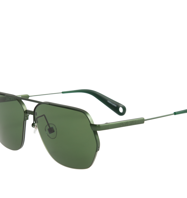 Image 3 of 3 - GREEN - Jacquemus Aviador hexagonal metal-frame sunglasses in green. Featuring green frame and lenses, adjustable rubber nose pads, logo engraved at temples, acetate at temple tips and eyewear chain compatible tips. Includes padded canvas pouch. Made in Japan.  