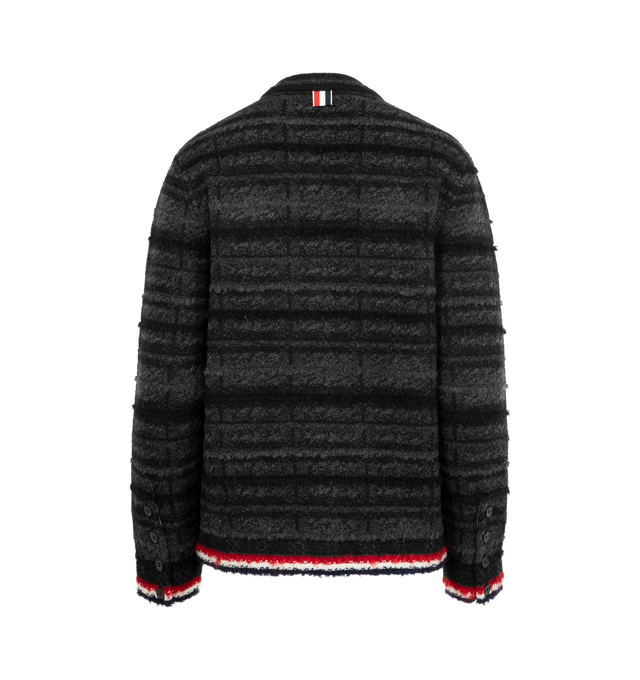 Image 2 of 2 - BLACK - THOM BROWNE Tartan Check Inlay Jacquard Cardigan featuring tricolor trim, front button closure, v-neck, long sleeves, front patch pockets and button side vents. 77% virgin wool, 13% mohair, 9% polyamide, 1% polyacrylic. Made in Italy. 