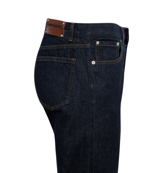Image 3 of 3 - BLUE - DRIES VAN NOTEN Denim Pant featuring belt loops, five-pocket styling, button-fly, leather logo patch at back waistband, logo-engraved silver-tone hardware and contrast stitching in brown. 100% cotton. Made in Tunisia. 