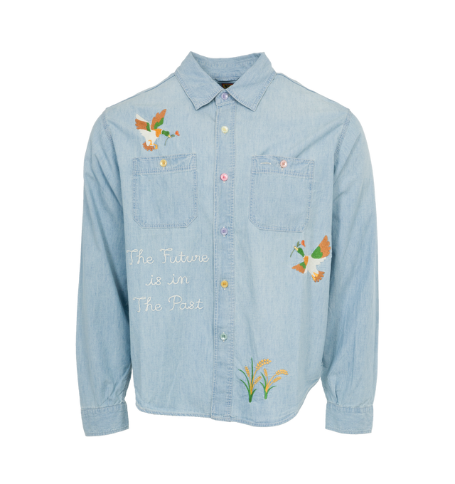 Image 1 of 4 - BLUE - HUMAN MADE Chambray Work Shirt featuring point collar, button down closure, embroidery details, coloured buttons and heart shape buttons at cuff. 100% cotton. Made in Japan. 