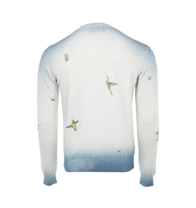 Image 2 of 4 - BLUE - AMIRI Embroidered Hummingbird Crew featuring crewneck, long sleeves, ribbed cuffs and hem and embroidered graphic and logo. 96% wool, 4% cotton. Made in Italy. 