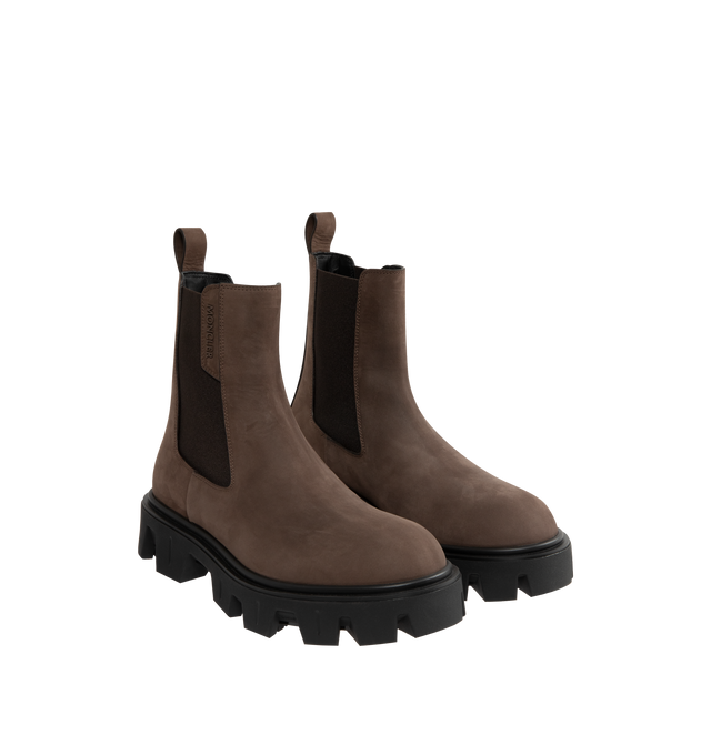 Image 2 of 4 - BROWN - MONCLER Peak City Nubuck Chelsea Boots featuring nubuck upper, leather insole, side elastic inserts, rubberized TPU sole and EVA midsole. Calf height 22 cm. Sole height 4 cm. 70% polyester, 30% elastodiene. Upper: cow. Made in Italy. 