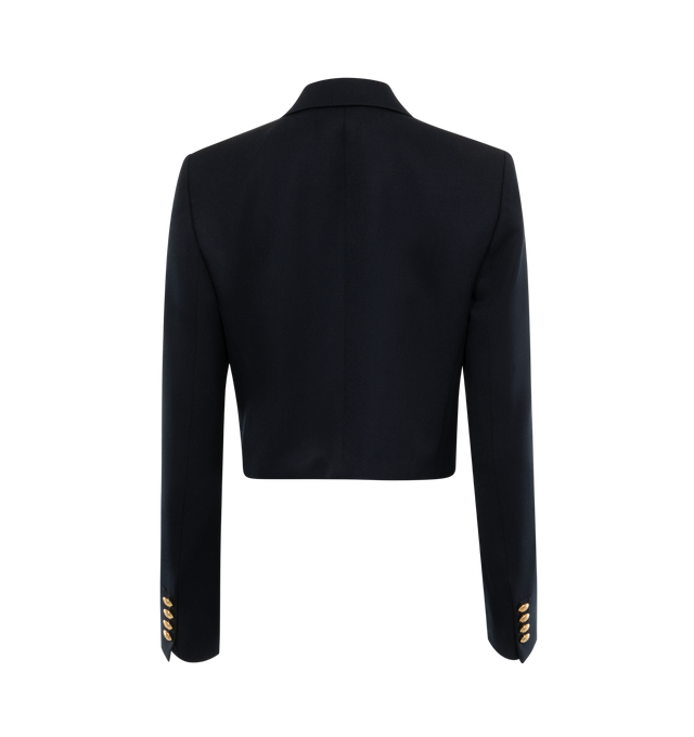 Image 2 of 2 - NAVY - NILI LOTAN Beauregard Cropped Blazer featuring tailored slim fit, cropped, soft structured shoulder pads, signature crest buttons in gold and non-functional slash front pockets. 100% virgin wool. 