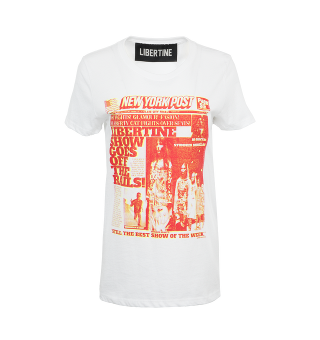 Image 1 of 2 - WHITE - LIBERTINE Headline T-Shirt featuring short sleeves, crew neck, fitted and hand silk screen printed. 100% cotton. Made in USA. 