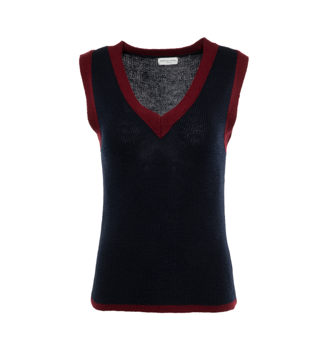 Image 1 of 3 - NAVY - DRIES VAN NOTEN Sweater Vest featuring regular fit, sleeveless, contrast trim and v neckline. 50% wool, 50% acrylic. 