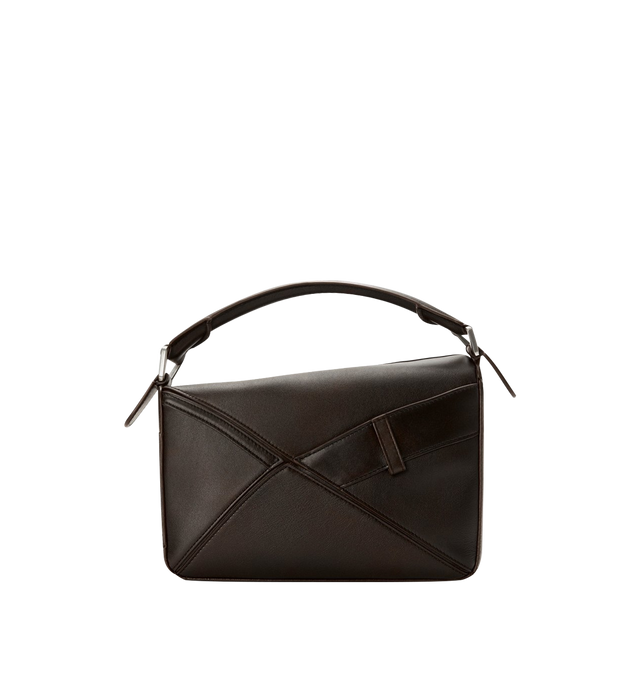 Image 2 of 4 - BROWN - LOEWE Panta Small Puzzle Bag featuring distinctive geometric lines and cuboid form. This small version is crafted in shiny calfskin with denim trousers-inspired details, shoulder, crossbody or hand carry, detachable and adjustable strap, zip closure with calfskin pull, one external rear pocket, one internal slip pocket, herringbone cotton canvas lining and embossed Anagram. Shiny calf. 16.5 cm x 24 cm x 10.5 cm. Made in Spain. 