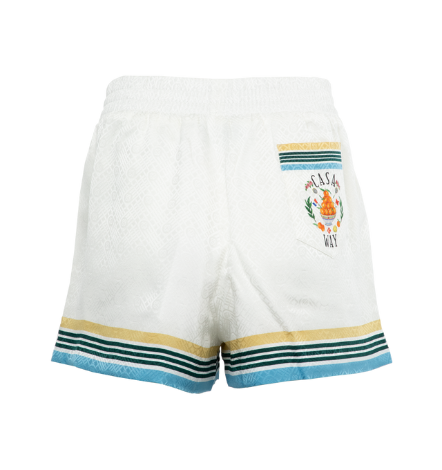 WHITE - CASABLANCA Casa Way Silk Shorts featuring classic fit, artwork on the back pocket, finished with in-seam pockets, elasticated waist with drawstring fastening, striped contrast detail on the hem and back pocket and printed silk twill fabric. 100% silk. Made in Italy.