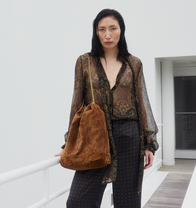 Image 2 of 4 - BROWN - SAINT LAURENT Printed Blouse featuring hidden front button closure, tie-up detail at collar, buttoned cuffs, sheer chiffon fabric and print throughout. 100% silk. Made Italy. 