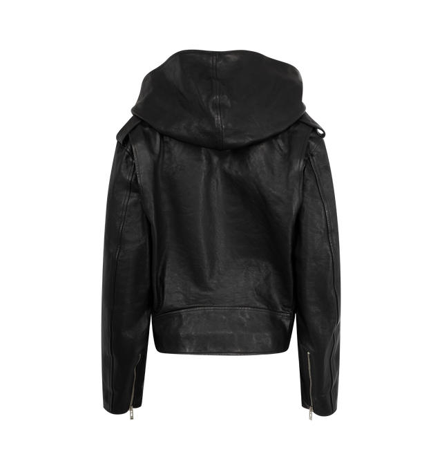 Image 2 of 3 - BLACK - Alaa Hooded biker jacket in faded nappa featuring a relaxed fit, cowl hood, shawl collar, integrated belt, zipped pockets. Made in Italy. 100% calf leather with polyester lining. 