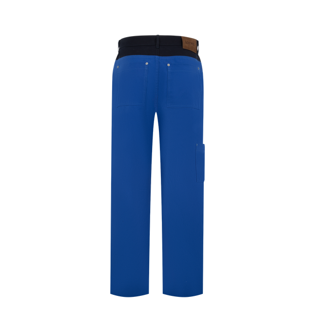 Image 2 of 3 - BLUE - LOEWE Trousers in lightweight cotton canvas featuring a contrasting paneling placed at the waist, regular fit, regular length, mid waist, straight leg, button fastening, concealed zip fly, front slash pockets, rear patch pockets and LOEWE debossed suede patch placed at the back. Cotton. Made in Italy. 