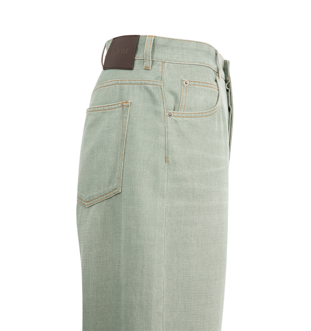 Image 3 of 3 - GREEN - LOEWE Jeans in denim featuring medium-weight washed cotton denim, relaxed fit, regular length, mid waist, curved leg, concealed zip fly, five pocket style and LOEWE embossed leather patch placed at the back. 100% cotton. Made in Italy. 