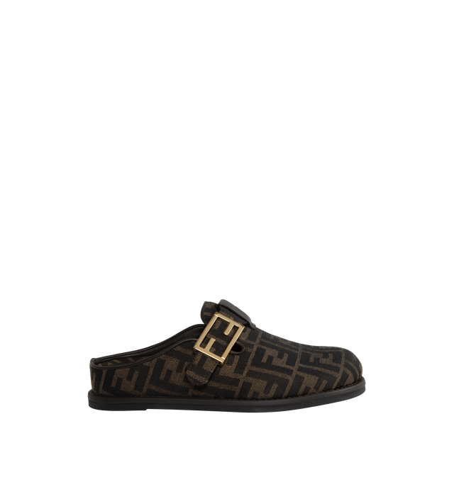 Image 1 of 4 - BROWN - FENDI Feel Mule featuring round-toe, FF strap, jacquard fabric and gold-finish metalware. 50% polyester, 50% polyamide. Inside: 100% lamb leather. Made in Italy. 