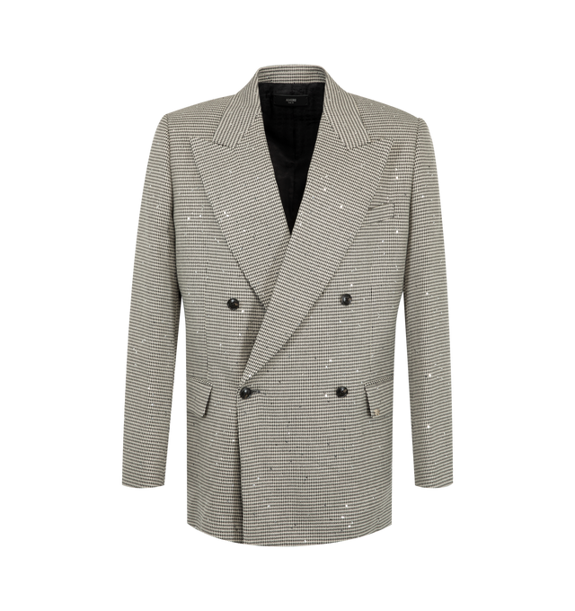 Image 1 of 2 - MULTI - Amiri Men's Double-Breasted Peak Lapel Sequin Jacket is crafted from a textured polyester blend with metallic fibers and features a double-breasted silhouette, peak lapels, and allover sequin embellishments. This designer tailored jacket combines statement-making glamour with refined Italian craftsmanship for elevated evening wear. Main Material: 66% Polyester, 33% Viscose, 2% Metallic Fiber, 2% Elastane. Made in Italy. 