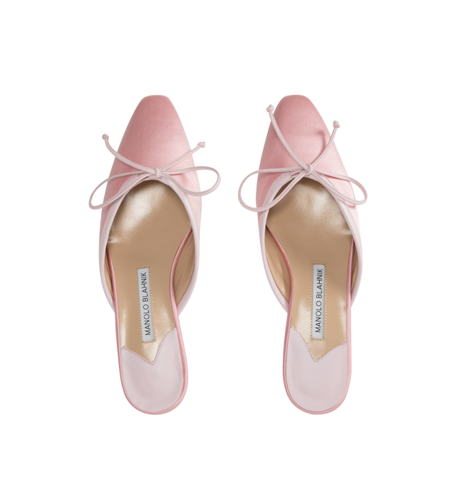 Image 4 of 4 - PINK - Manolo Blahnik Satin Bow Ballerina Flats in a slide-on style featuring grosgrain trim and bow accent, 10 mm flat heel, almond toe, leather outsole and leather lining. Made in Italy. 