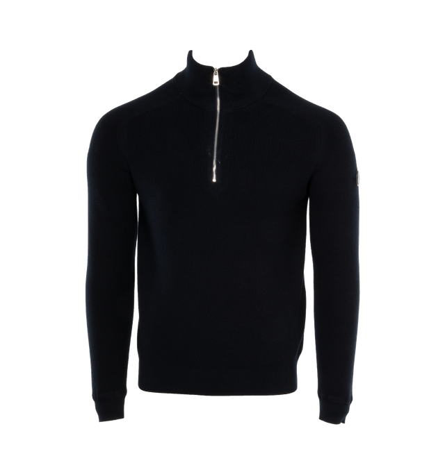 Image 1 of 3 - BLACK - MONCLER T-Neck Sweater featuring cashmere & cotton blend, brioche stitch, gauge 14, high neck, zipper closure and synthetic material logo patch. 85% cotton, 15% cashmere. 