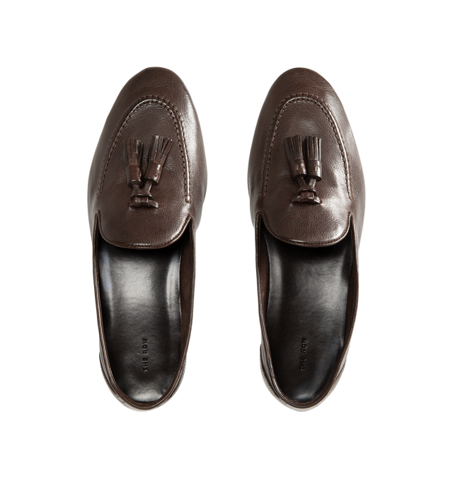 Image 4 of 4 - BROWN - The Row Women's Caden Loafers are crafted from softly grained calfskin leather in deep brown and feature an almond toe, tassel detailing, and a stacked heel. Upper: 100% Calfskin Leather. Sole: Calfskin Leather. Heel Height: 1.5 cm / 0.6 in. Made in Italy. 