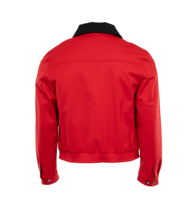 Image 2 of 3 - RED - SECOND LAYER Ricky Jacket featuring vintage mechanic style, contrast collar, fully lined in leopard print, front welt pockets and elasticated hem with black embroidered logo at front. Wool. 