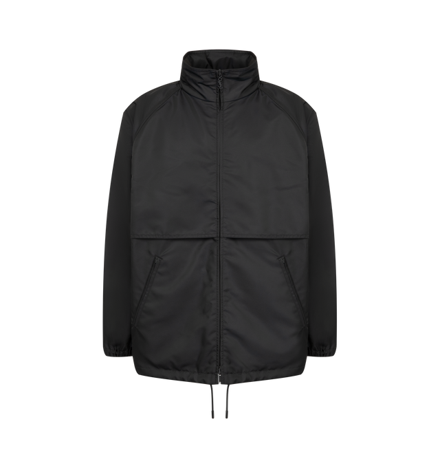 Image 1 of 4 - BLACK - Saint Laurent Mens Hooded Jacket is crafted from technical shell with leather trim. Features a concealed hood, front zip closure, streamlined silhouette, and leather detailing. Main Material: 100% Polyester; Trim: 100% Leather. Made in Italy. 